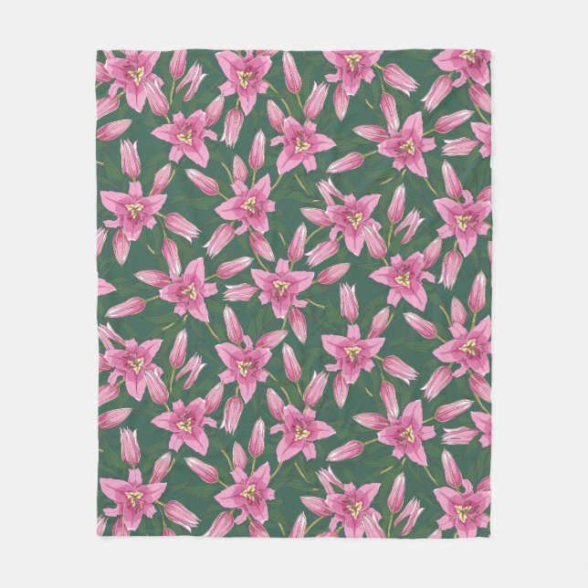 Blooming Lilies in Deep Green Fleece Blanket (Vorderseite)