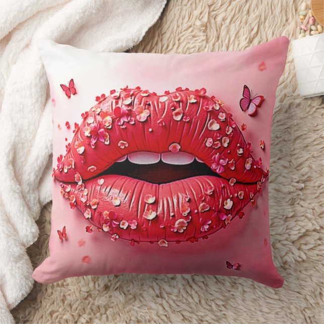 Blooming Lips: Floral Butterfly Kiss Kissen (Decke)