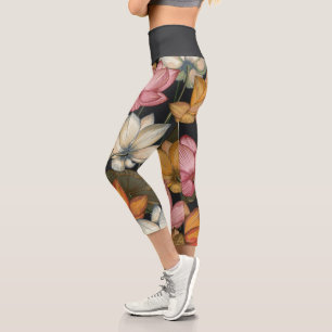 Blooming Lotus Water Lilies on Charcoal Black Capri Leggings