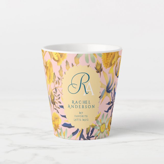 Blooming Mystical Floral Monogram Beige Latte Mug Milchtasse (Vorderseite)