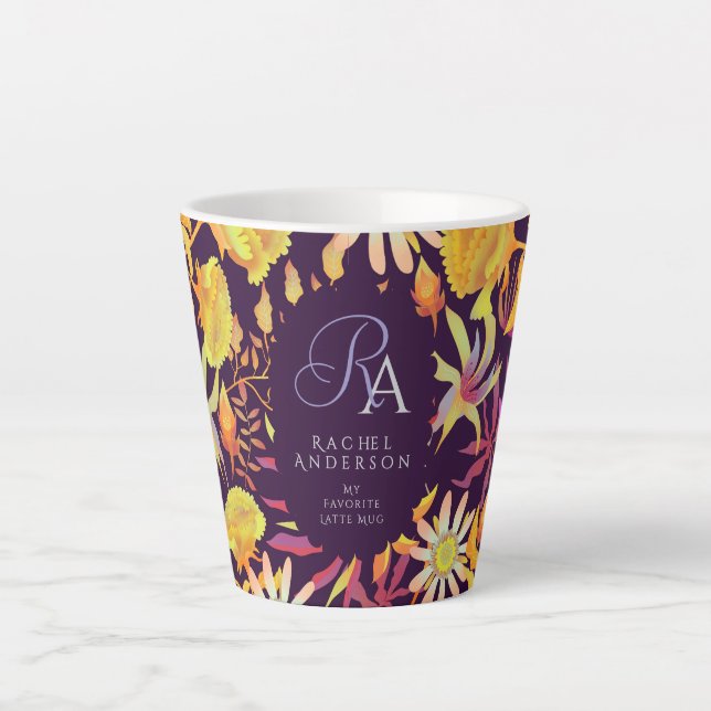 Blooming Mystical Floral Monogram Brown Latte Mug (Devant)