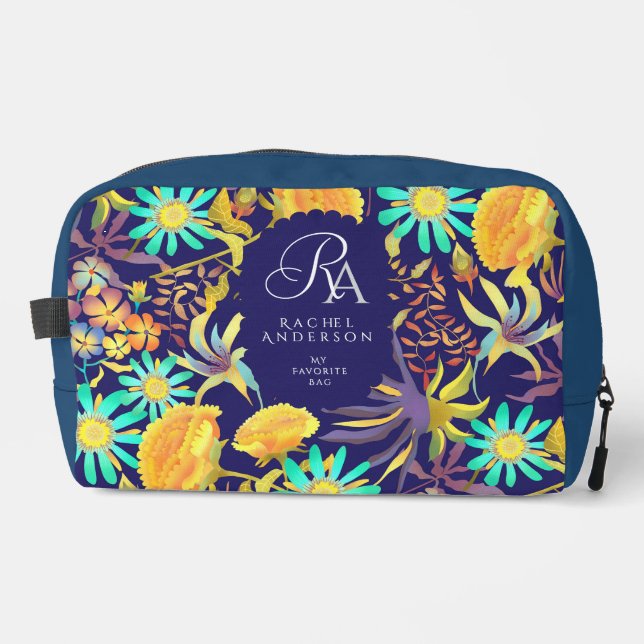 Blooming Mystical Floral Monogram Navy  Waschbeutel (Vorderseite)