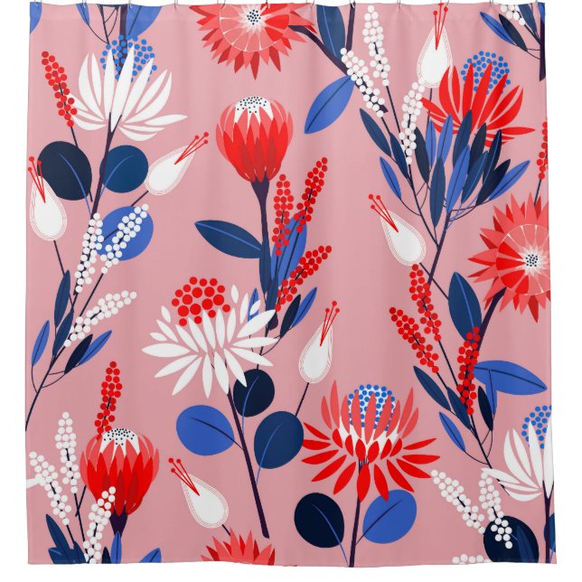 Blooming Protea: Botanisches Gartenmuster Duschvorhang (Vorderseite)