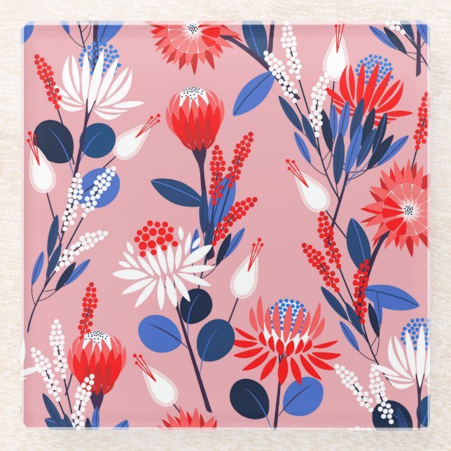 Blooming Protea: Botanisches Gartenmuster Glasuntersetzer (Vorderseite)