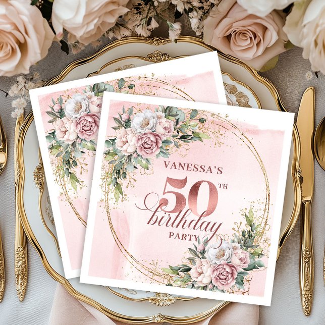 Blooming Rose Gold Blush Floral 50th Birthday  Serviette (Blooming Rose Gold Blush Floral 50th Birthday Dinner Napkins

)