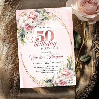 Blooming Rose Gold Eucalyptus 50th Birthday Party  Einladung