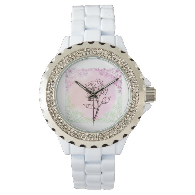 Blooming Rose White Ceramic Fashion Wrist Watch Armbanduhr (Vorderseite)