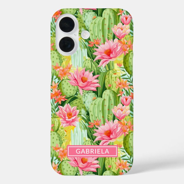Blooming Watercolor Cacti Personalized iPhone 16 Hülle (Rückseite)