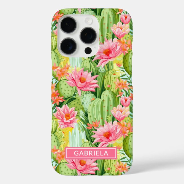 Blooming Watercolor Cacti Personalized iPhone 16 Pro Hülle (Rückseite)