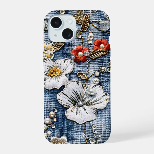 Blooms brodés rouges et blancs sur Denim (Verso)