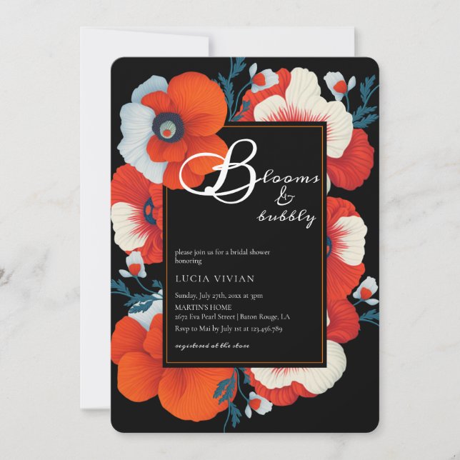 Blooms & Bubbly Bright Red Floral Brautparty Einladung (Vorderseite)