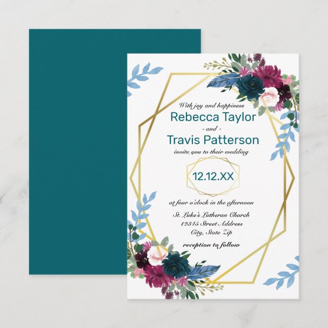 Blooms floraux Turquoises - 3 x 5 Faire-part de ma (Devant / Derrière)