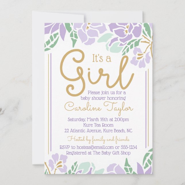 Bloral Baby Dusche Einladung lila und Gold (Vorderseite)
