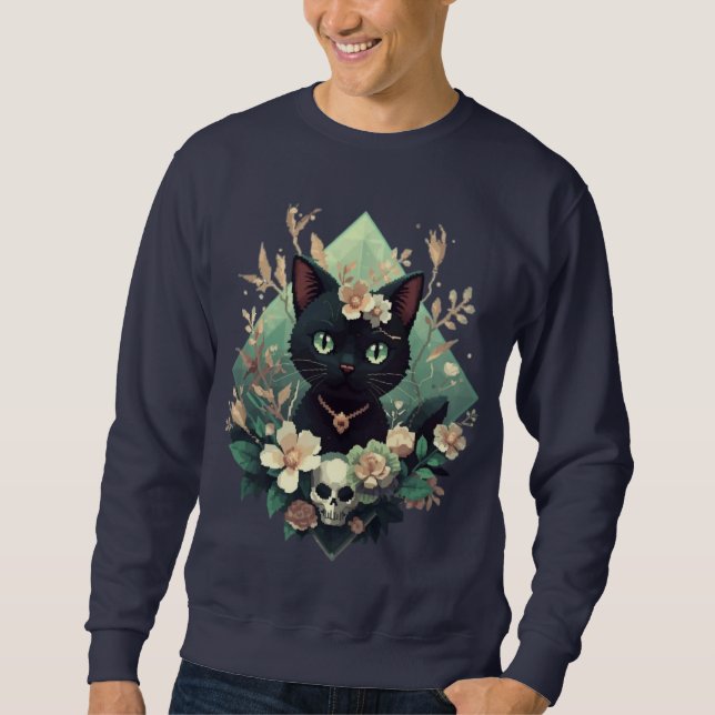 Bloral Black Cat Skull Pixel Art zu Halloween Sweatshirt (Vorderseite)