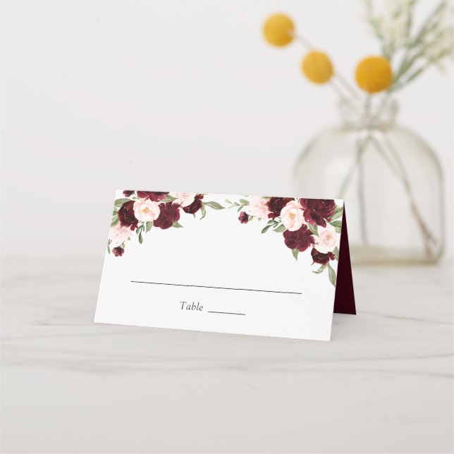 Bloral Burgund Blush Grüne Elegante Hochzeit Platzkarte (Vorderseite)