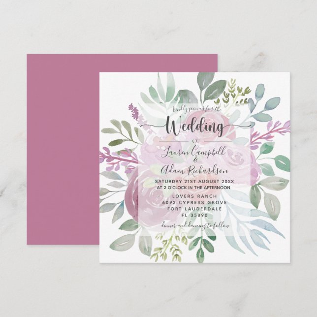 Bloral Burgunday Pink Foliage Hochzeit Einladung (Vorne/Hinten)