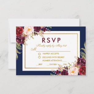 Bloral Burgundy Blue Gold Wedding RSVP