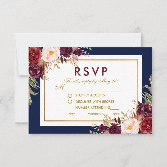Bloral Burgundy Blue Gold Wedding RSVP Karte (Vorderseite)