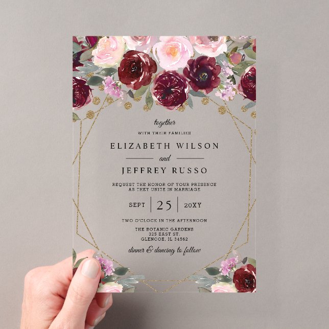 Bloral Burgundy Blush Gold Geometric Wedding Acryleinladungen (Insitu (Handheld))