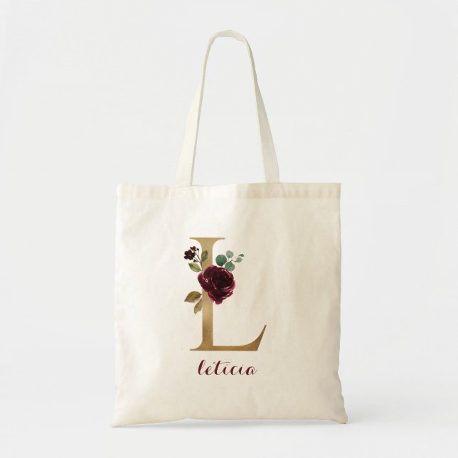 Bloral Burgundy Blush Gold Monogram Letter "L" Tragetasche (Vorne)