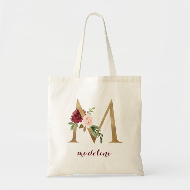 Bloral Burgundy Blush Gold Monogram Letter "M" Tragetasche (Vorne)