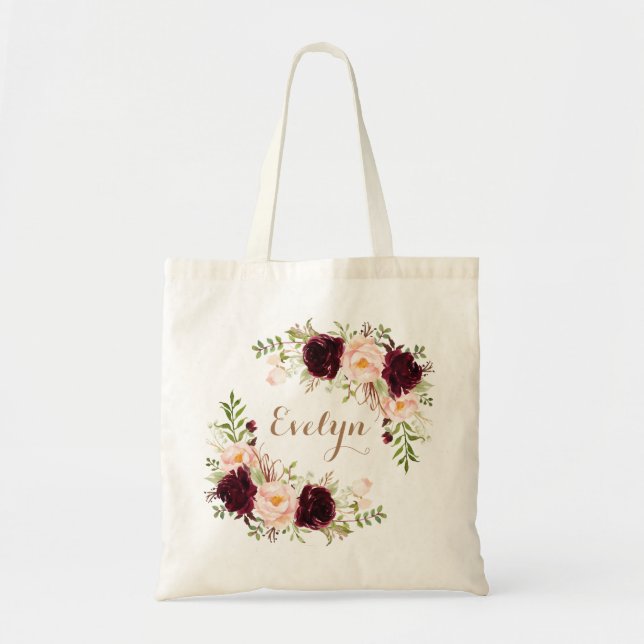 Bloral Burgundy Blush Greenery Gold Personalisiert Tragetasche (Vorne)