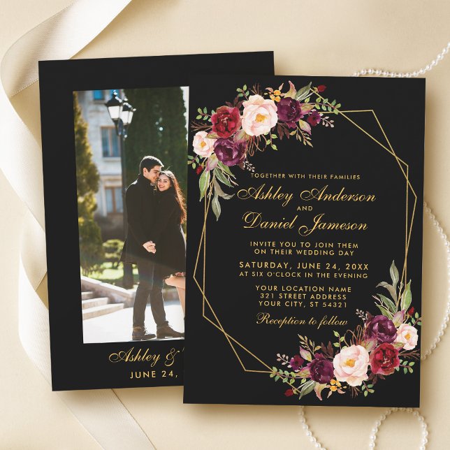 Bloral Burgundy Geometric Black Gold Foto Hochzeit Einladung (Customize to change text size or style.)