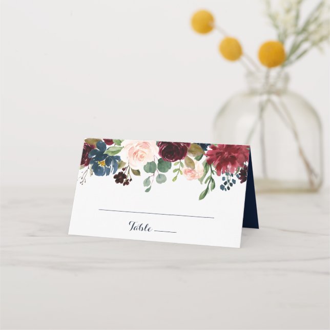 Bloral Burgundy Navy Blush Elegante Hochzeit Platzkarte (Vorderseite)