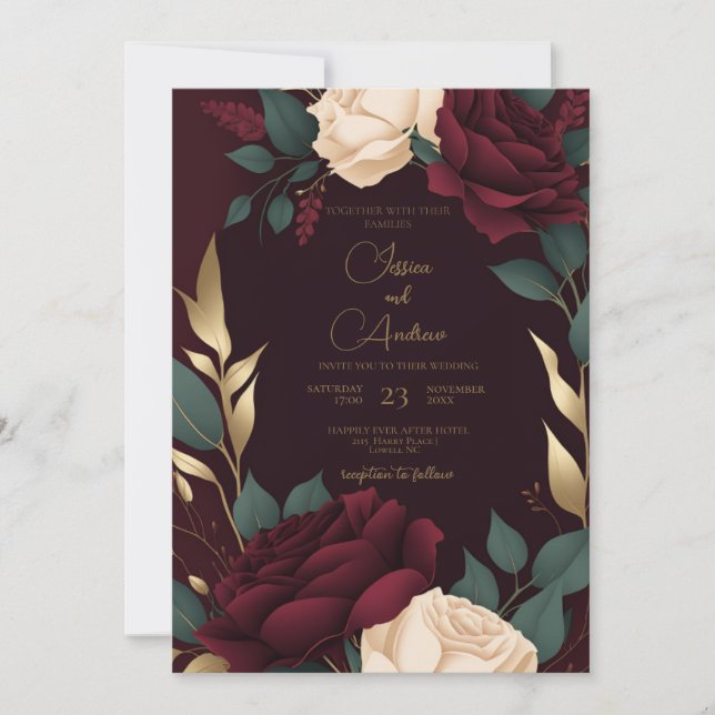 Bloral Burgundy Red Cream Rose Luxus Weding Einladung (Vorderseite)