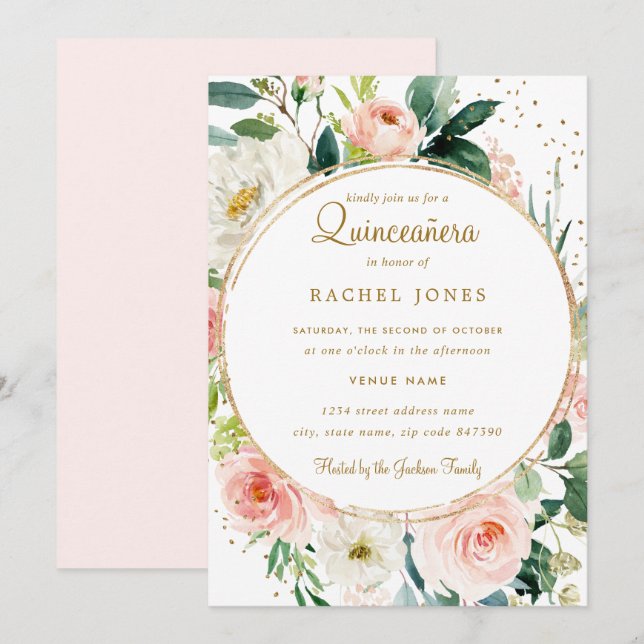 Bloral Geometric Blush Gold Quinceanera Einladung (Vorne/Hinten)