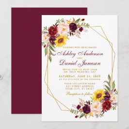 Bloral Geometric Gold Frame Wedding Burgundy Einladung