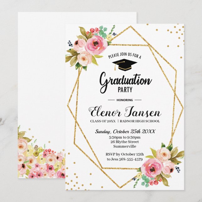 Bloral Geometric Gold Glitzer Graduation Party Einladung (Vorne/Hinten)