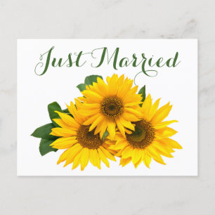 Bloral Just Married Sunflower Yellow Green Wedding Ankündigungspostkarte