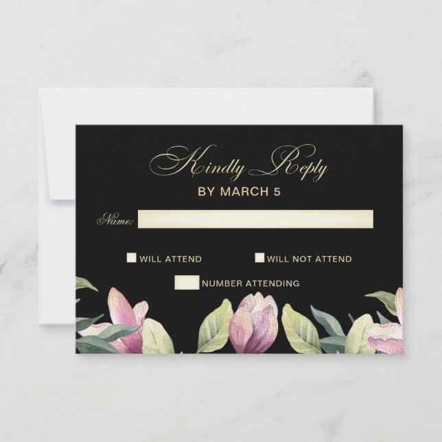 Bloral Lila Black and Gold Hochzeit rsvp Karte (Vorderseite)