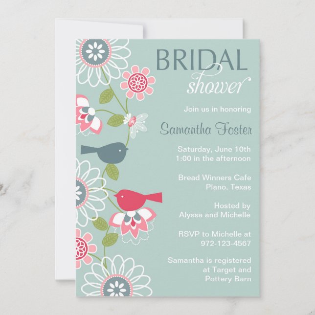 Bloral Love Bird Bridal Dusche Einladung (Vorderseite)