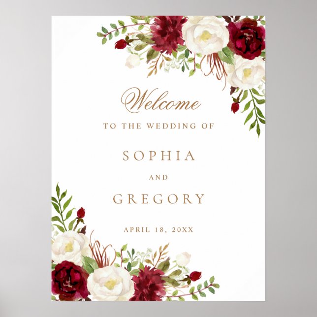 Bloral Red Burgundy White Elegante Hochzeitszeiche Poster (Vorne)