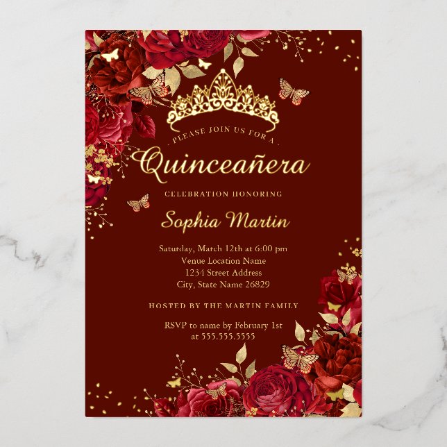 Bloral Red Butterfly Elegante Quinceanera Folieneinladung (Vorderseite)