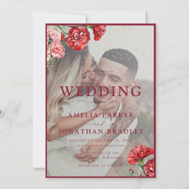 Bloral Red Marble Script Overlay Wedding Invitati Einladung (Vorderseite)