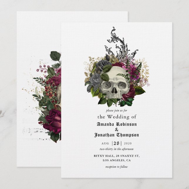 Bloral Skull Halloween gotische Hochzeitseinladung Einladung (Vorne/Hinten)
