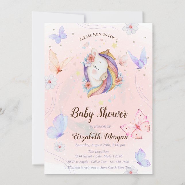 Bloral Unicorn Butterflies Stars Kinderdusche Einladung (Vorderseite)