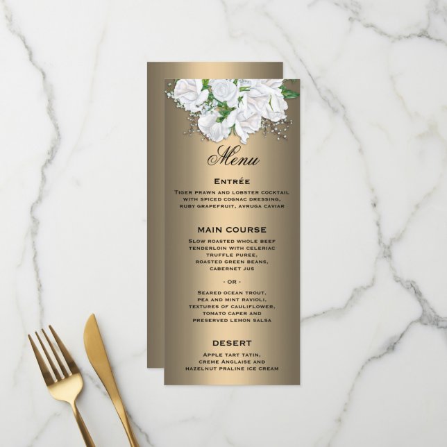 Bloral White Rose Bouquet auf Bronze Wedding Menükarte (Vorderseite/Rückseite Beispiel)