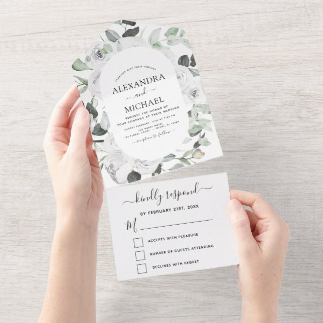Bloral White Roses Eucalyptus Wedding RSVP All In One Einladung (Abreißen)