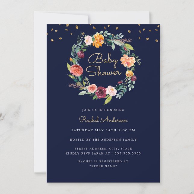 Bloral Wreath Navy Gold Baby Dusche Einladung (Vorderseite)