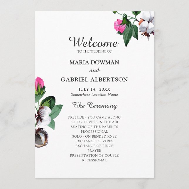 Blossom Baumwolle Blume. Botanische Hochzeit Programm (Vorderseite)