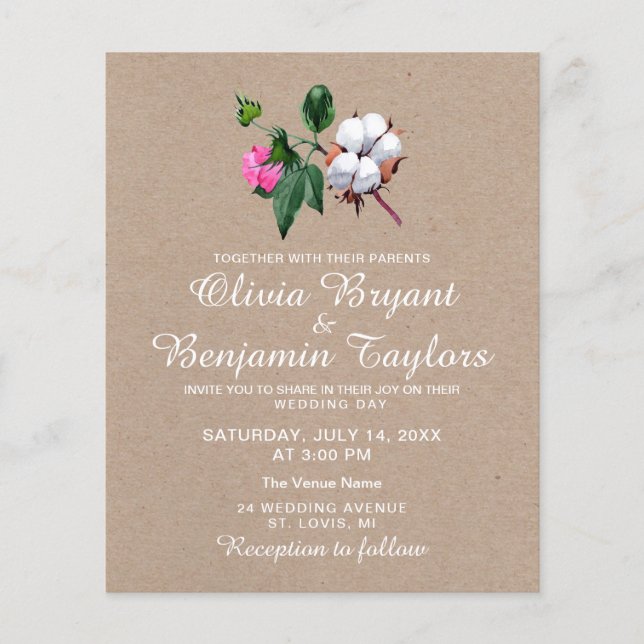 Blossom Baumwolle Blume. Rustic Nature Kraft Weddi Flyer (Vorne)