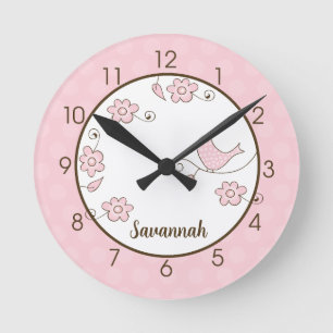 Blossom Bird (rosa) Wall Clock - Name hinzufügen Runde Wanduhr