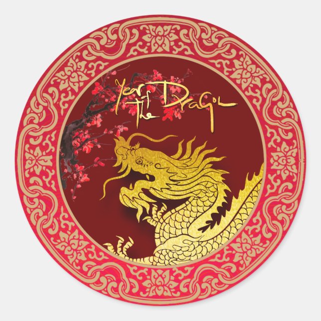 Blossom Chinesischer Drache Jahr Papier geschnitte Runder Aufkleber (Vorderseite)