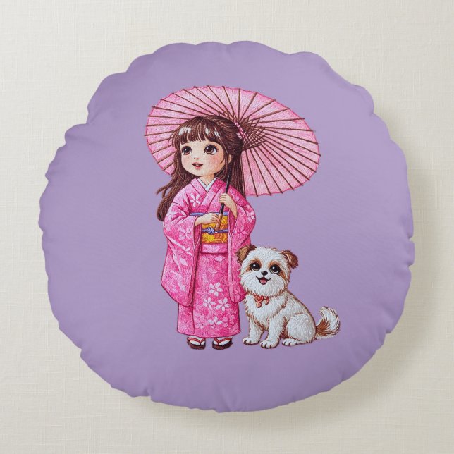 Blossom Companies: Kimono Girl & Puppy Round Pill Rundes Kissen (Vorderseite)