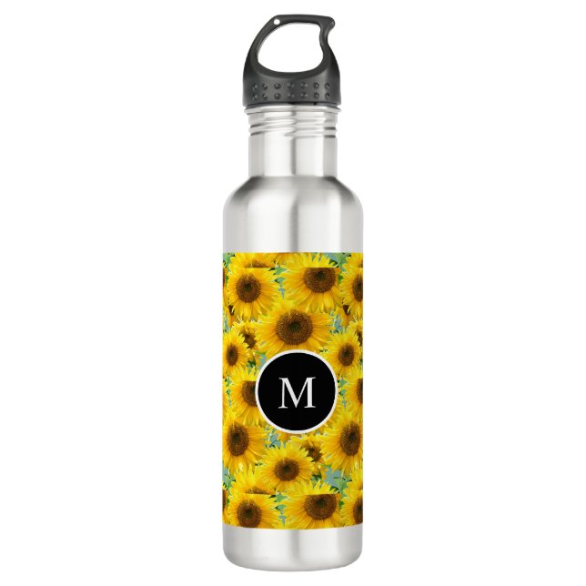 Blossom Sonnenblumen und Monogramm Edelstahlflasche (Vorderseite)