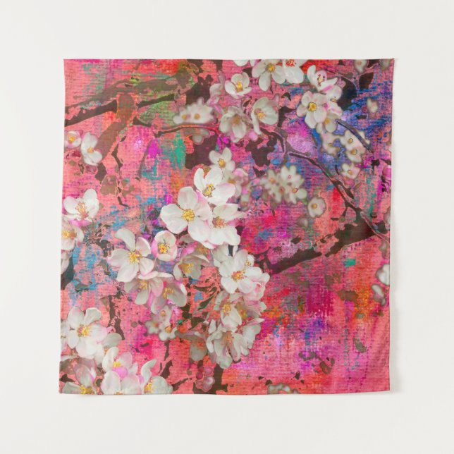 Blossoming apple tree, painting and mixed media ar wandteppich (Vorderseite)